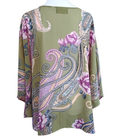 BOB MACKIE Kimono Artsy Floral Large Sheer Poncho Roses Paisley Dressy Green - Picture 10 of 10